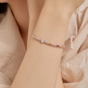 Rainbow tennis bracelet in S925 sterling silver with a heart-shaped zircon center stone