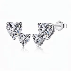 French Wedding S925 Sterling Silver Heart Stud Earrings For Women Zirconia Inlaid Double Heart Romantic Jewelry Gift