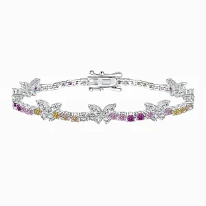Bracelet Papillon en Argent Sterling S925 pour Femme avec Zirconia Coloré Incrusté Design de Jardin Chaîne Tennis Bijoux