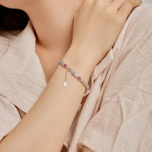 Bracelet tennis en argent 925 avec zircons multicolores et chaîne d'extension réglable