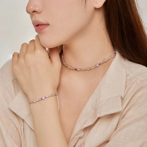 S925 silver tennis necklace and bracelet set with colorful heart gradient zircons