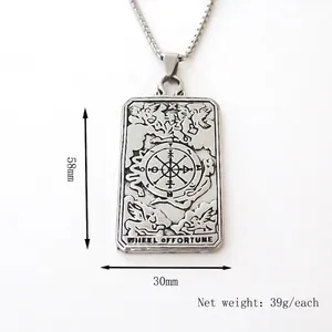 Collier tarot Roue de la Fortune minimaliste en alliage argenté, pendentif de 58x30mm