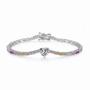 925 Sterling Silver Heart Zirconia Tennis Bracelet For Women Multi Color Colorful Stone Fashion Wedding Elegant Jewelry