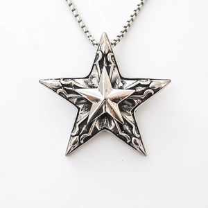 Gothic star pendant necklace with square pearl chain in vintage stainless steel finish