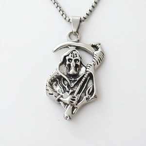 Retro Grim Reaper pendant necklace in silver metal with a classic box chain
