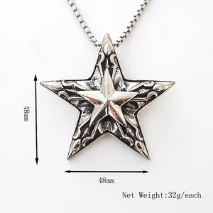 Star pendant necklace in stainless steel with embossed vine texture on square bead chain