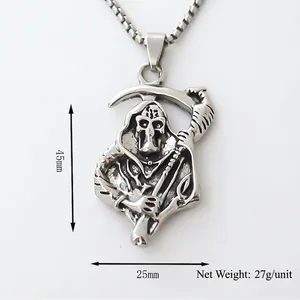 Gothic Grim Reaper pendant necklace for men in silver finish, size 45mm by 25mm