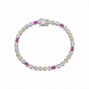 Bracelet Tennis en Argent Sterling 925 avec Strass Colorés pour Femmes Élégant Multi Couleur Pierre Rectangulaire