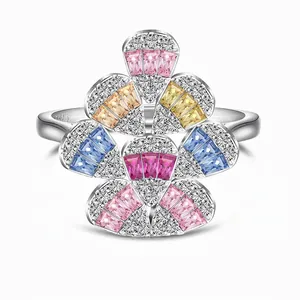 S925 Sterling Silver Ring For Women Hot Air Balloon Fan Shape Colorful Zirconia Inlaid Individual Design Light Luxury Jewelry