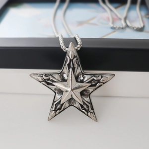 Gothic star pendant necklace in vintage silver stainless steel with box chain for men