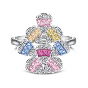 Elegant S925 sterling silver ring featuring a hot air balloon design with colorful crystals