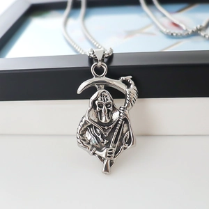 Vintage Grim Reaper scythe pendant necklace with retro silver finish for gothic style