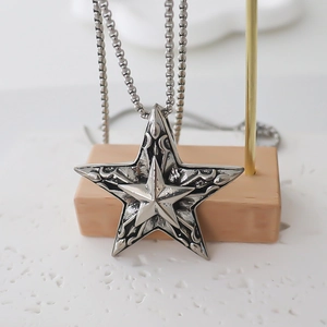 Gothic stainless steel pentagram star pendant necklace with retro relief on a bead chain