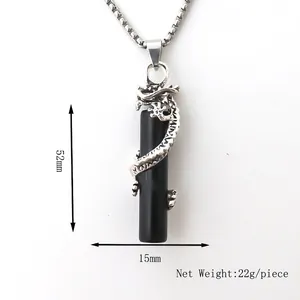 Silver stainless steel dragon pendant on black cylinder with chain, 52mm height