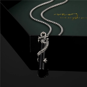 Vintage Alloy Dragon Wrap Pillar Pendant Necklace Retro Chinese Style Black Column Jewelry For Men Women Daily Commuter