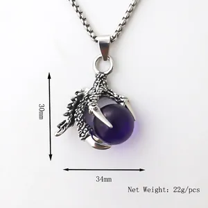 Silver dragon claw pendant with purple bead, 30x34mm punk style necklace for men