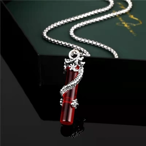 Collana Con Pendente Drago Cinese Vintage Lega Resina Rossa Cilindro Retro Hip Hop Streetwear Catena Per Uomo Donna