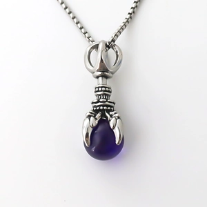 Vintage punk silver eagle claw pendant with purple gem on box chain necklace