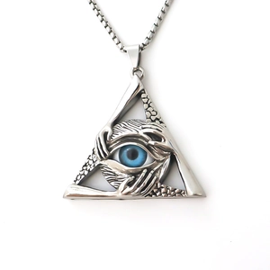 Retro triangle necklace with blue Eye of Horus pendant and antique silver chain
