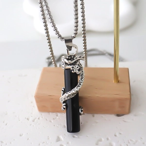 Fashionable stainless steel necklace featuring a silver dragon wrapped around a black pendant