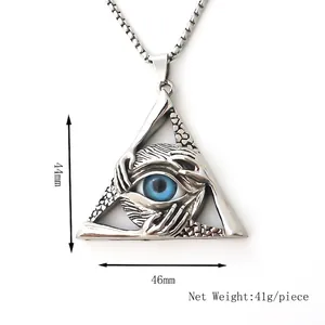 Vintage silver triangle pendant necklace with blue eye of providence and steel box chain