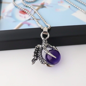 Dragon claw pendant with purple bead and silver steel chain in punk street style