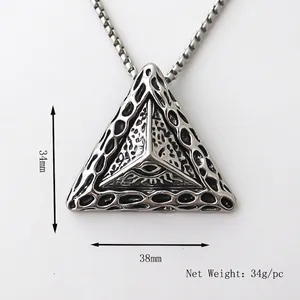 Triangle pyramid pendant necklace with all-seeing eye in antique silver finish