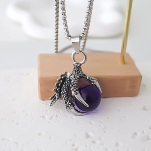 Punk style dragon claw necklace with purple bead pendant on stainless steel chain
