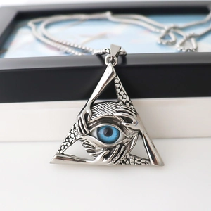 Vintage silver hollow triangle Eye of Horus pendant necklace with blue eye jewel detail