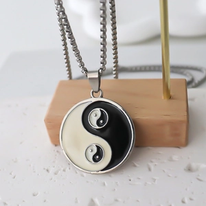 Geometric round Tai Chi Yin Yang pendant necklace with silver metal chain for men