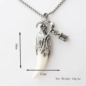 Pendentif faucheuse gothique avec dent de loup sur chaîne argentée, hauteur de 58 mm