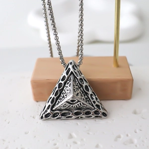 Polished stainless steel necklace with triangular pyramid pendant featuring Eye of Providence