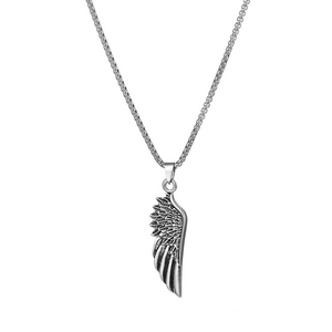 Vintage silver feather wing pendant necklace with stainless steel square box chain