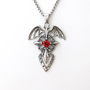 Gothic silver cross pendant necklace with bat wings and a central red gemstone on box chain