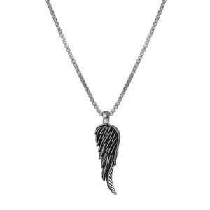 Collana con ciondolo ad ala d'argento vintage con trama piumata e catena a scatola