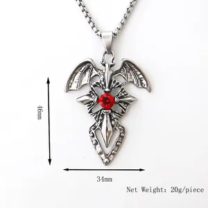 Gothic bat wing cross necklace with red gemstone, size 46x34mm, net weight 20g