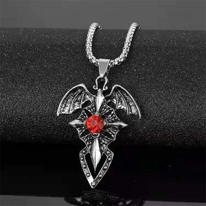 Gothic Bat Wing Cross Pendant Necklace Alloy Silver Tone With Red Rhinestone Punk Streetwear Unisex Jewelry Gift