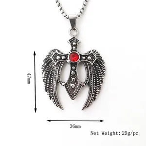 Collier en acier inoxydable avec ailes d'ange gothiques et pendentif croix serti de gemme