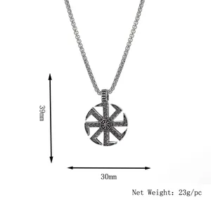 Silver Slavic Sun Wheel pendant necklace with Kolovrat engraving on a 39mm stainless steel chain