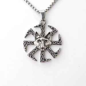 Vintage silver wolf head pendant with Kolovrat Slavic sun symbol on square chain