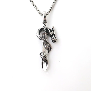 Dragon wrapping around sword pendant with box chain in vintage silver stainless steel