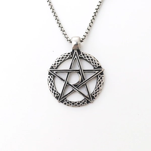 Gothic pentagram pendant necklace with Celtic knots and moon on a silver link chain
