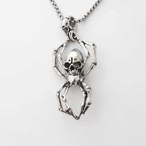 Gothic punk spider skull pendant necklace in vintage silver finish with box chain