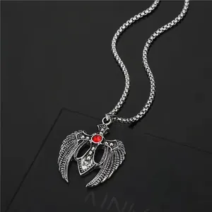 Pendentif Croix Ailes d'Ange Gothique Vintage Collier pour Hommes Femmes Alliage Strass Rouge Bijoux Style Punk Hip Hop