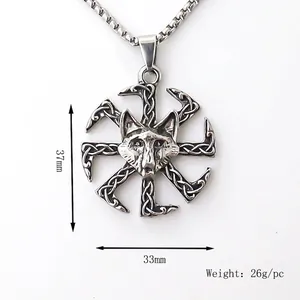 Vintage wolf head pendant necklace with Celtic Kolovrat star, 37x33mm silver jewelry
