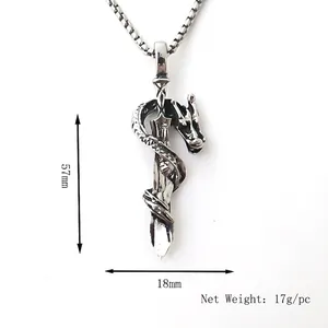 Retro dragon and sword pendant necklace in silver finish for men and women