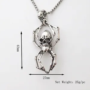 Gothic spider skull pendant in dark silver alloy with fine chain and 63mm dimensions