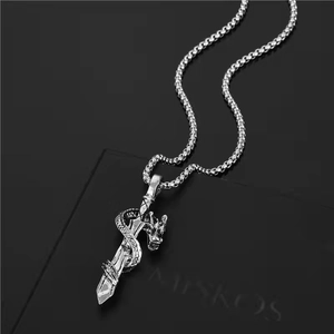 Retro Alloy Dragon Sword Pendant Necklace For Men Women Silver Gothic Fantasy Jewelry Dragon Wrapping Sword Clavicle Chain Necklace