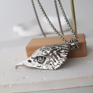 Gothic eagle head pendant necklace in silver finish with classic stainless steel box chain
