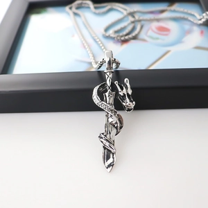 Gothic dragon around sword pendant necklace with silver finish and square bead chain